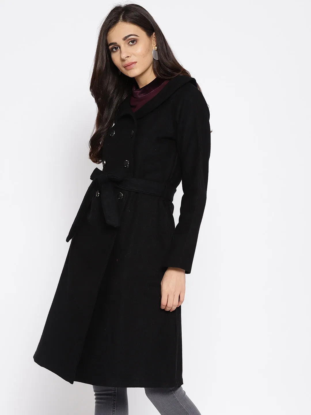Athena Women Black Solid Longline Woolen Long Sleeve Overcoat
