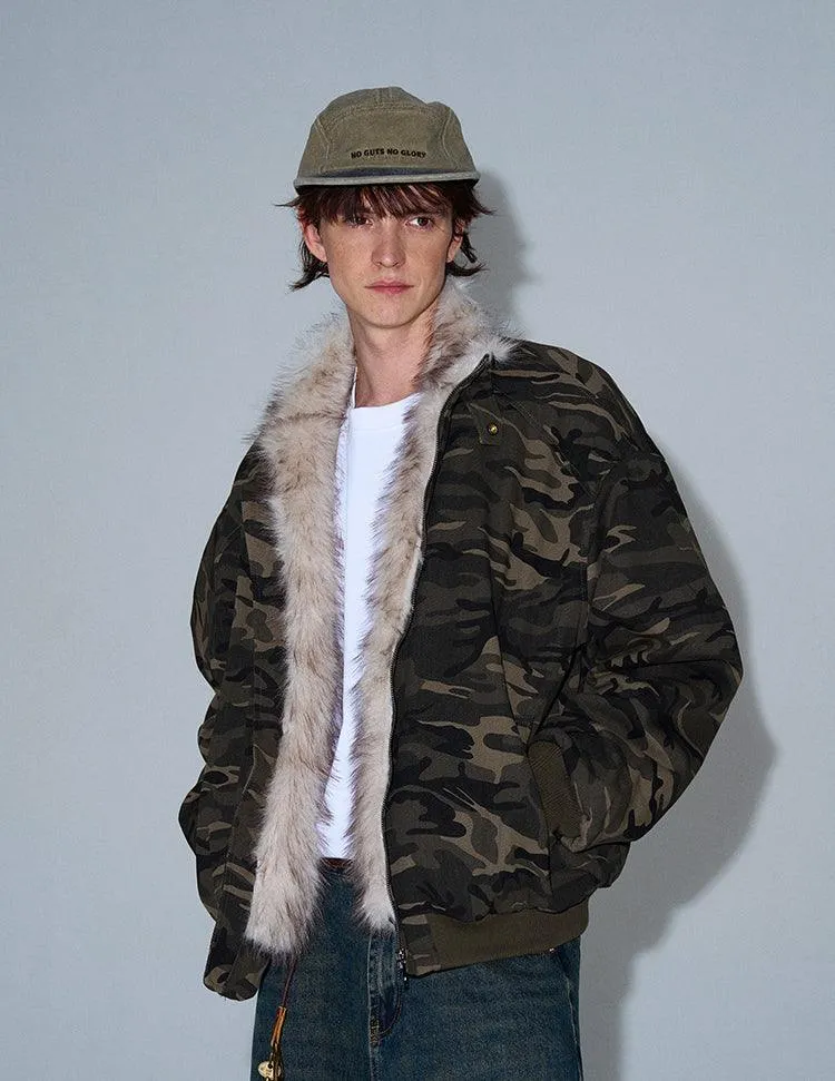 CAMOUFLAGE FAUX FUR COLLAR BOMBER JACKET