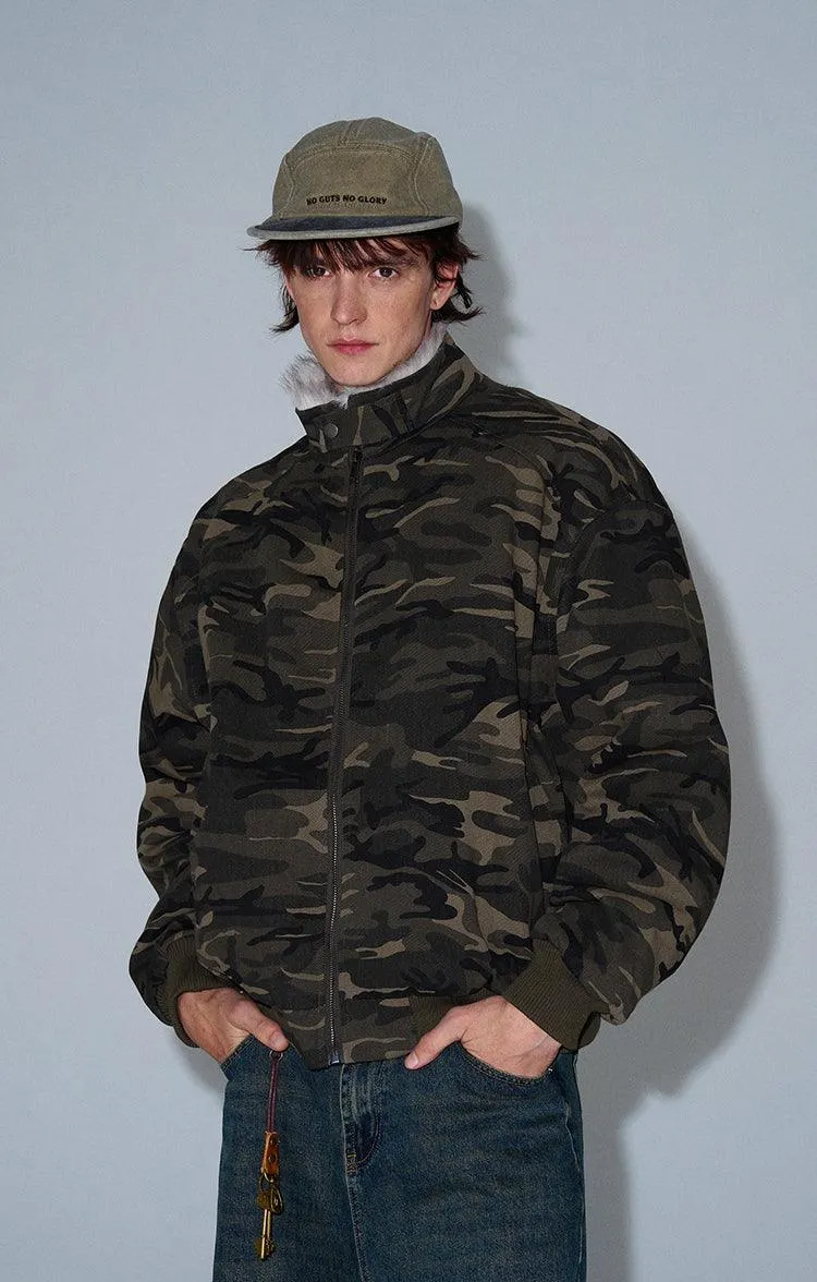 CAMOUFLAGE FAUX FUR COLLAR BOMBER JACKET