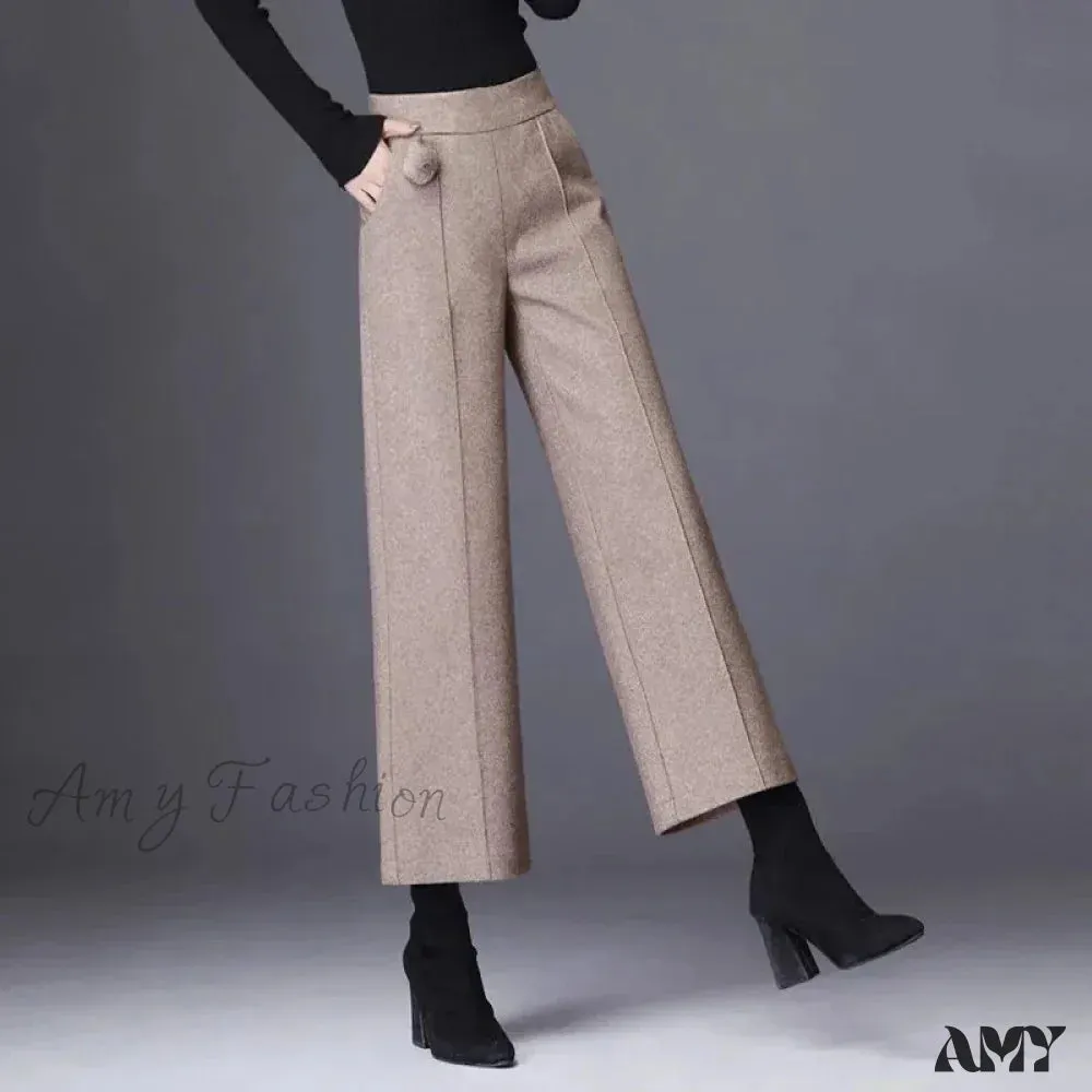 Elegant Woolen Blend Wide Leg High Waist Office Pants