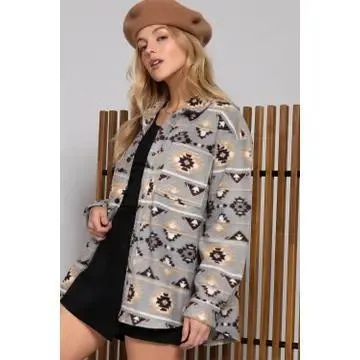 Long Sleeve Printed Fleece Shacket Grey Taupe