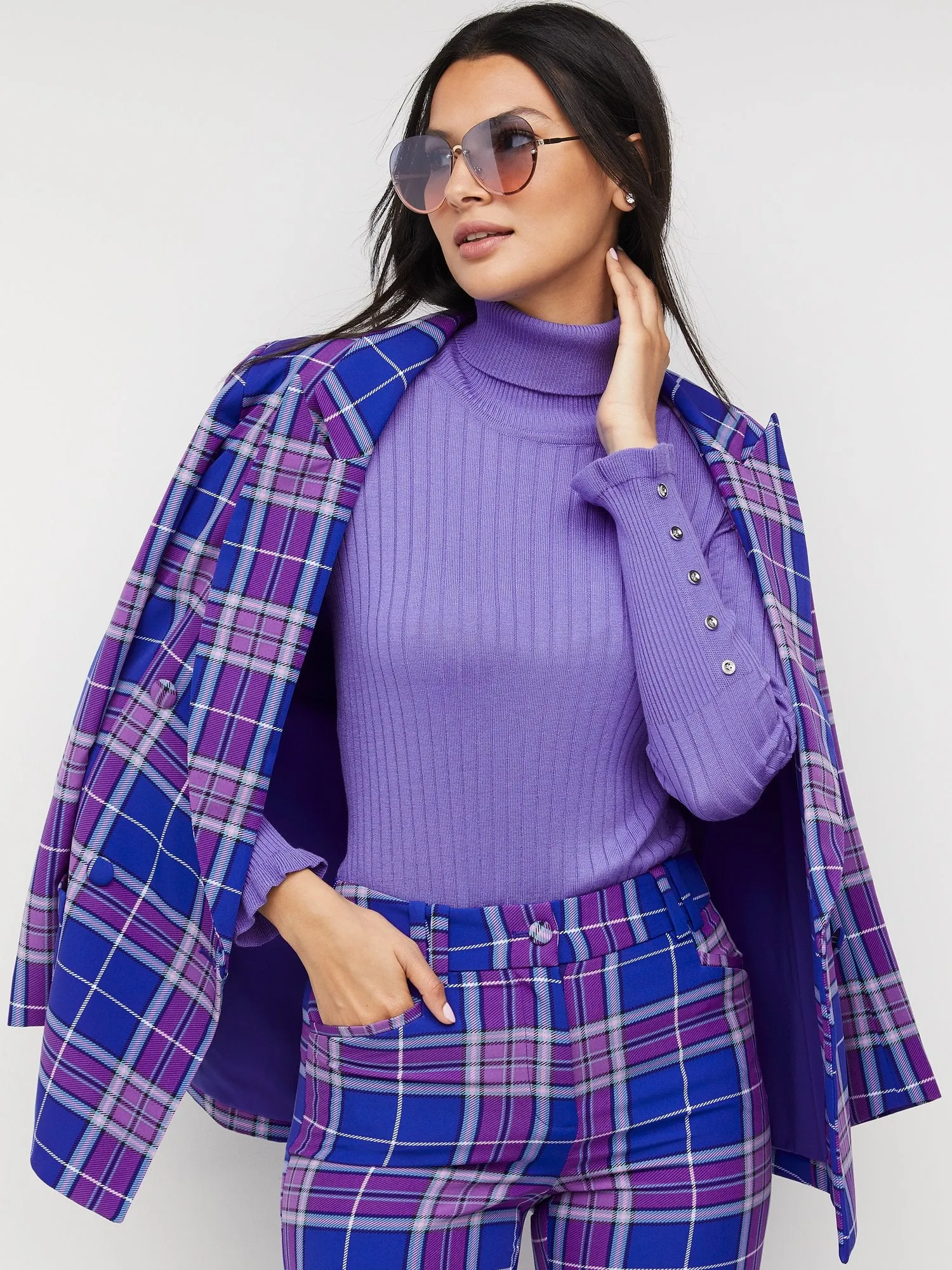 Ribbed Button-Sleeve Turtleneck Sweater