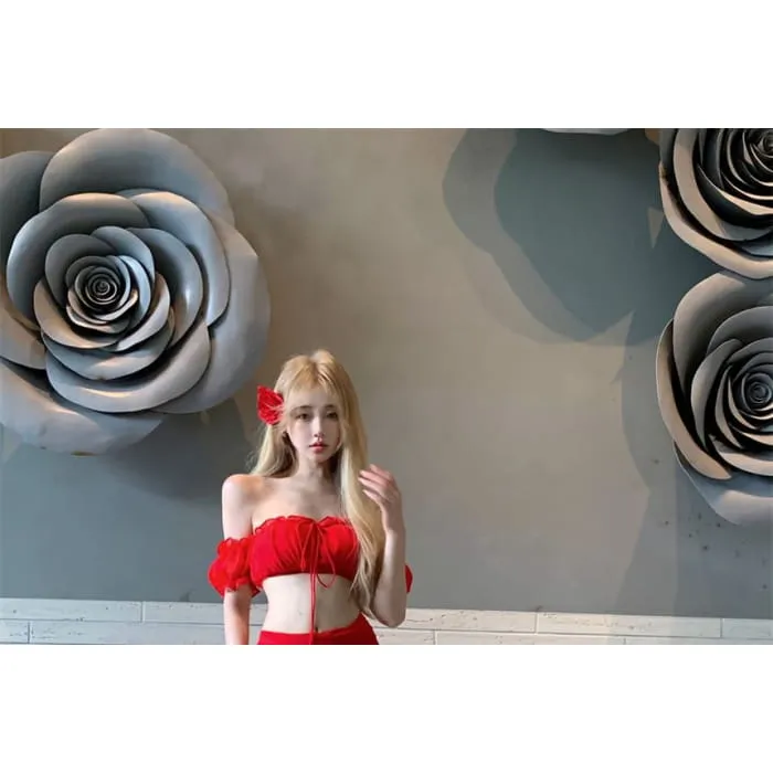 Set: Off-Shoulder Plain Crop Top   High Waist Side-Slit Maxi Pencil Skirt