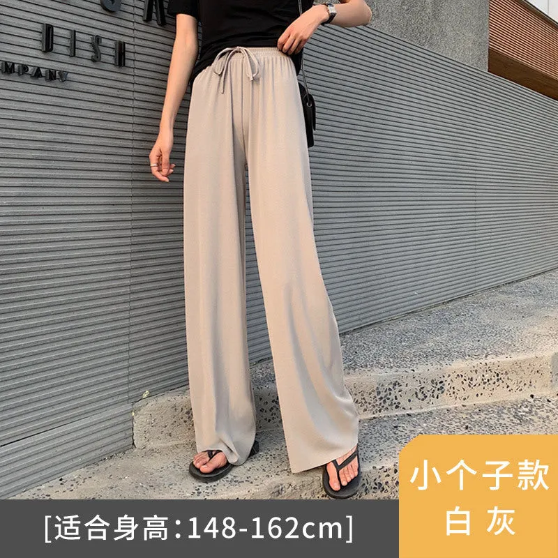 Streaming Popular Summer Women High Waist Slim Look Ice Silk Wide Leg Pants Loose All-Matching Casual Lengthen Floor Length Pants