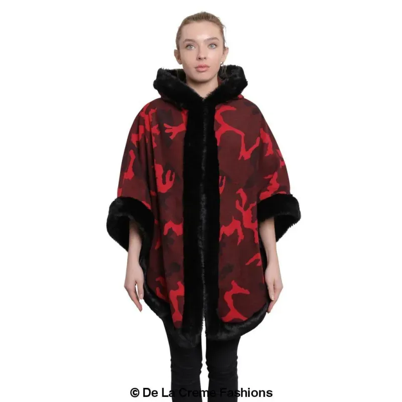 Women’s Camo Print Fur Trim Hooded Cape